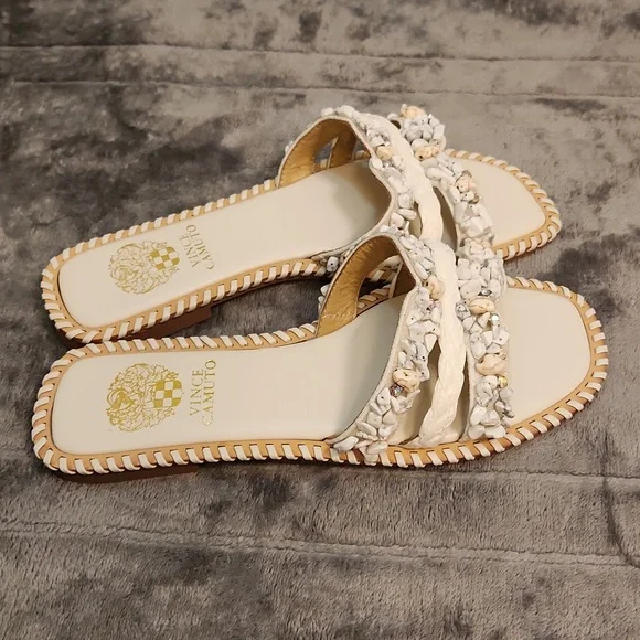 NWOT Vince Camuto Hasyl sandals beige and white fancy flip flopswith real stones - Picture 6 of 11